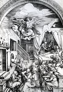 聖母の誕生、聖母の生涯のサイクル、1511年（紙の木版画） 作： Albrecht Dürer